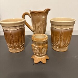Akro Agate Caramel Slag Glass 4pc Set Pitcher Tumblers Toothpick Stuck Wheat
